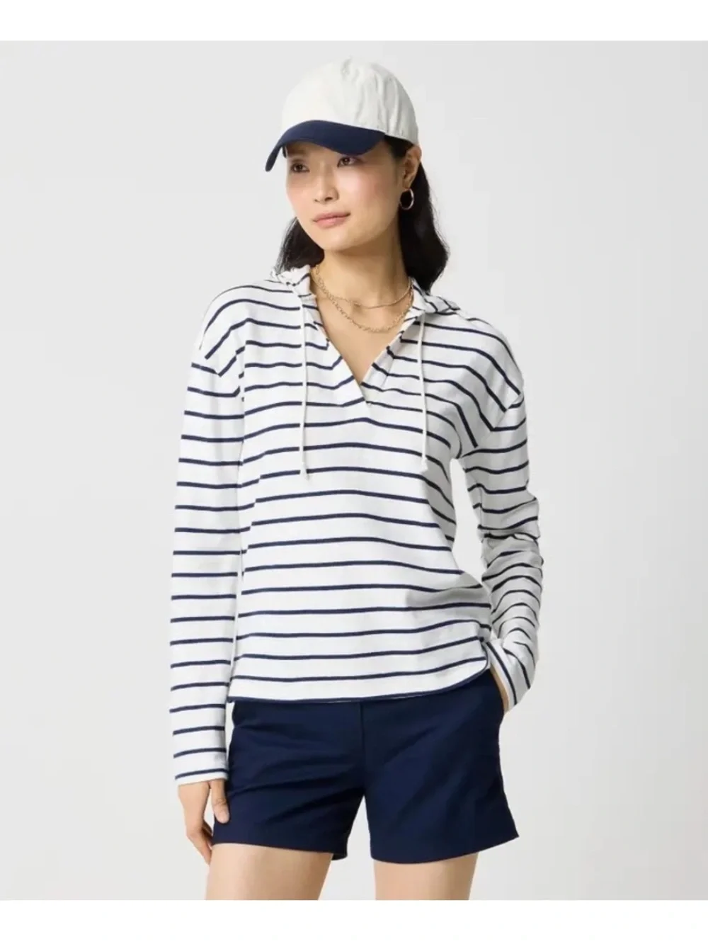 J. Crew Navy White Striped V-Neck Pullover Cotton Sweater Hoodie XL Relaxed NWT